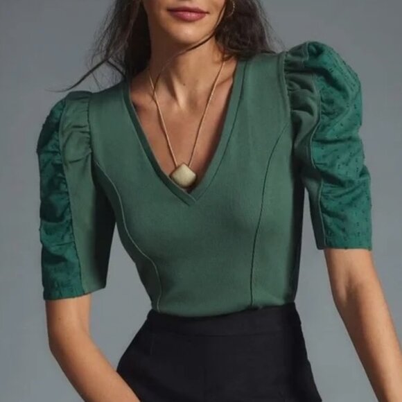 Anthropologie Puff Sleeve V-Neck Top - Picture 1 of 6